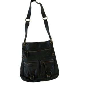 Tango Black Leather Black Zippered Pockets‎ Adjustable Strap Crossbody Bag